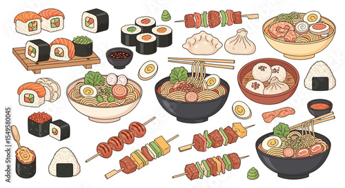 Assorted Colorful Japanese Sushi Ramen and Skewers Illustration on White Background

