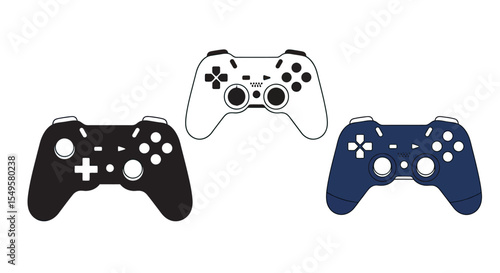 Three Modern Video Game Controllers in Black White and Blue on White Background

