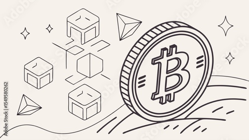 Illustrated Bitcoin Cryptocurrency Coin with Geometric Shapes and Lines.