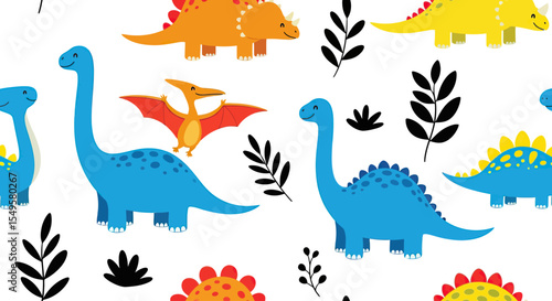Colorful Cartoon Dinosaurs and Black Leaf Illustrations on White Background
