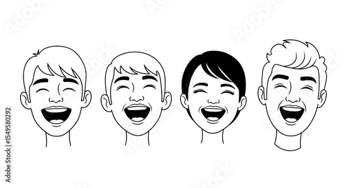 Happy Smiling Young People Laughing with Closed Eyes Simple Black and White Illustration
