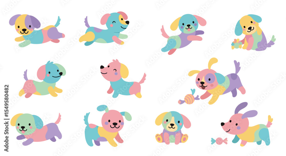 Obraz premium Colorful Playful Cartoon Puppies in Various Poses on White Background 