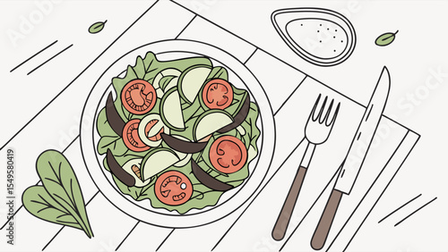 Illustration of a salad with tomatoes lettuce and dressing on a table.