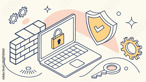 Laptop with Security Shield and Firewall Illustration.