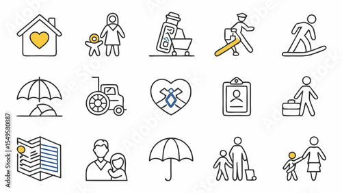 Diverse icons illustrating various aspects of life and support system, showcasing themes of family, healthcare, disability, love, identity, travel, community, and protection.