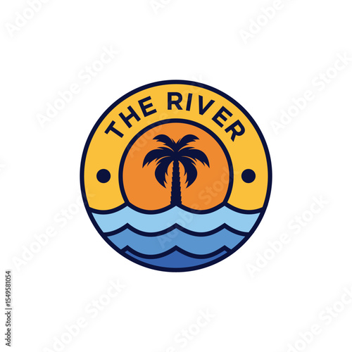 river with palmtree circle badge vector illustration template graphic design collection with colorful, filled and line art style for adventure and outdoors merchandise and other uses