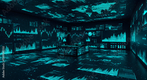 Data analysis event in high-tech visualization room interactive graphics futuristic environment dynamic insights