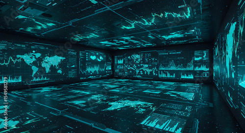 Data visualization event in high-tech room with interactive displays futuristic environment aerial view technology insights