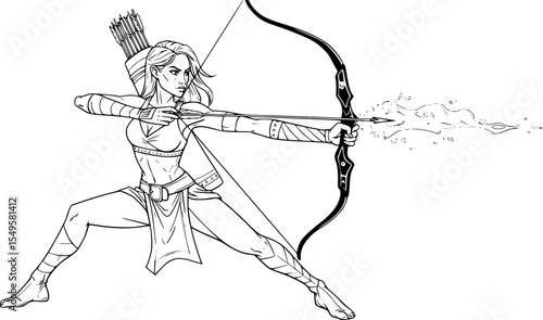 silhouette of female archer, drawing back bow, windblown hair, black and white, vector art, line art
