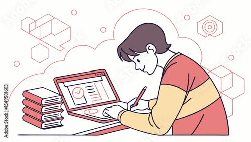 Student Working on Laptop with Books and Pen Studying Online.
