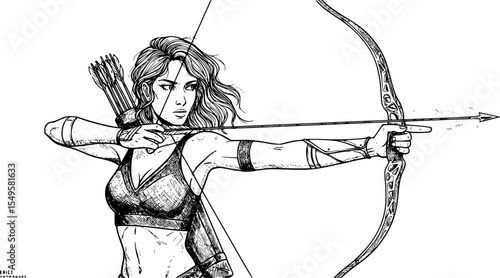 silhouette of female archer, drawing back bow, windblown hair, black and white, vector art, line art
