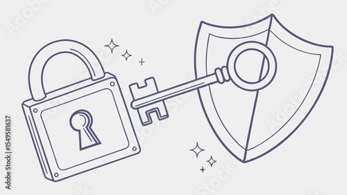 Stylized Lock Key and Shield Illustration for Security Concepts.