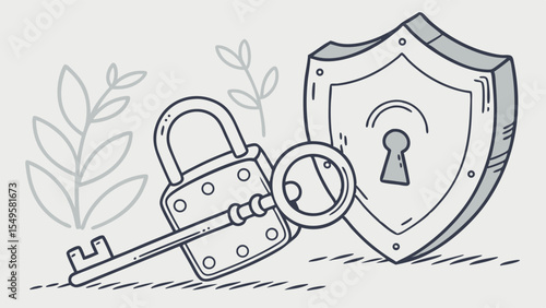 Stylized Security Shield Padlock and Key Illustration.