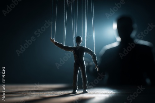 A human marionette hangs limply from threads, symbolizing lack of control, manipulation, and emotional exhaustion.