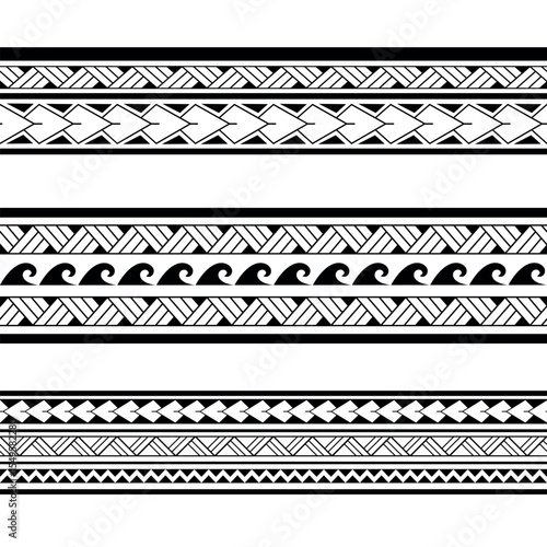 Set of Maori Polynesian tattoo bracelets border. Tribal sleeve seamless pattern vector. Samoan bracelet tattoo design fore arm or foot.  Gorizontal pattern
