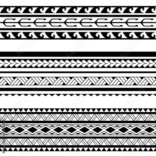 Set of Maori Polynesian tattoo bracelets border. Tribal sleeve seamless pattern vector. Samoan bracelet tattoo design fore arm or foot.  Gorizontal pattern