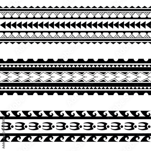 Set of Maori Polynesian tattoo bracelets border. Tribal sleeve seamless pattern vector. Samoan bracelet tattoo design fore arm or foot.  Gorizontal pattern