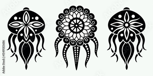Mandala style octopus silhouette in tribal style on white background