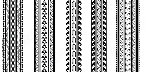 Set of Maori Polynesian tattoo bracelets border. Tribal sleeve seamless pattern vector. Samoan bracelet tattoo design fore arm or foot.  Vertical pattern