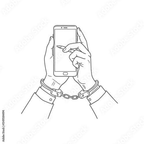 Handcuffed hands holding smartphone, illustrating phone addiction or digital captivity. Suitable for technology and social media concepts.