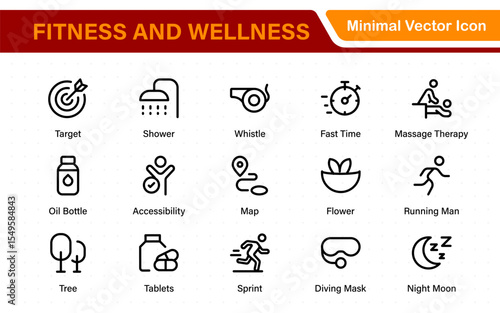 Set of fitness and wellness related line icons, wellbeing, mental health, healthcare, cosmetics, spa, medical. Outline icon collection.