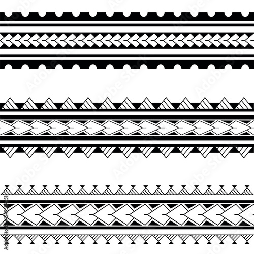 Set of Maori Polynesian tattoo bracelets border. Tribal sleeve seamless pattern vector. Samoan bracelet tattoo design fore arm or foot.  Gorizontal pattern