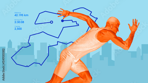 Photography Dynamic runner over cityscape with bold marathon route overlay and performance stats