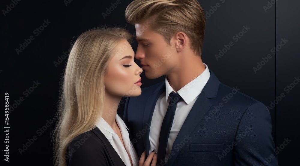 Elegant Affection: A poised couple in sophisticated attire shares an intimate moment, their closeness suggesting a bond of love and connection. Elegant Affection: A poised couple in sophisticated attire shares an intimate moment, their closeness suggesting a bond of love and connection.
