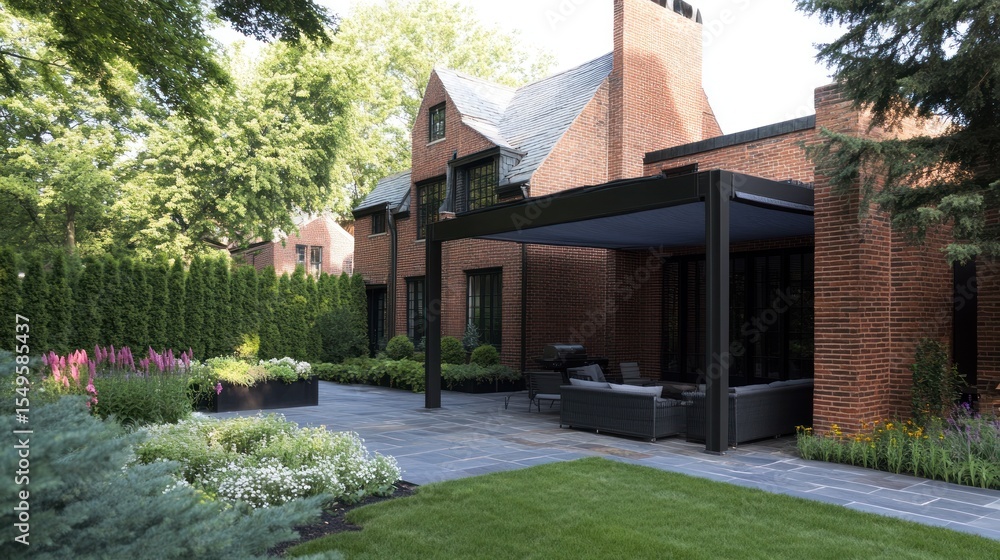 Brick house patio with modern pergola. Lush landscaping surrounds Brick house patio with modern pergola. Lush landscaping surrounds