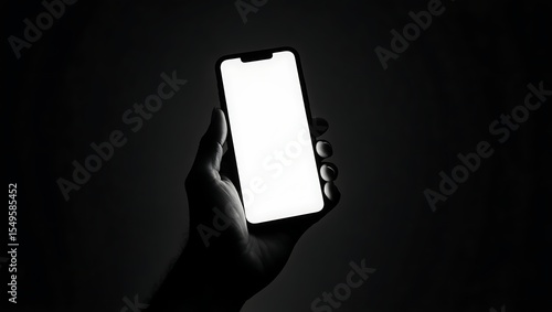 Photo of hand holding a smartphone with a bright blank screen in the dark