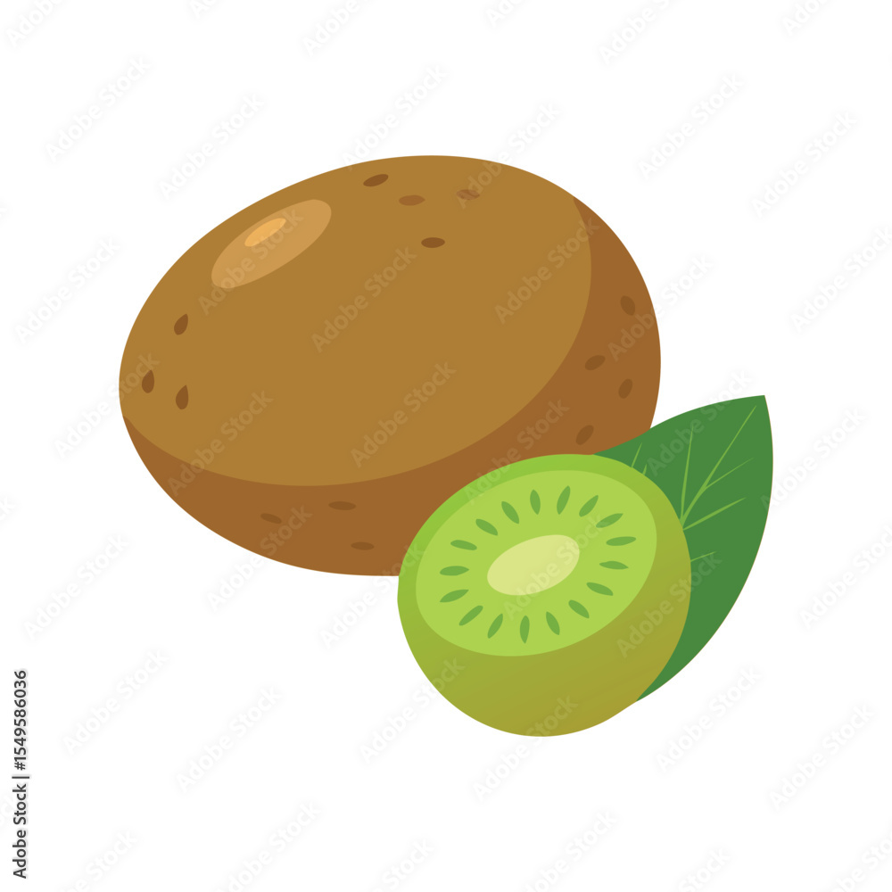 Obraz premium Whole and Sliced Kiwi Fruit with Leaves Vector Illustration