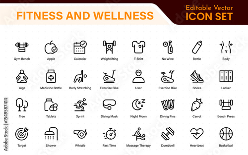 Set of fitness and wellness related line icons, wellbeing, mental health, healthcare, cosmetics, spa, medical. Outline icon collection.