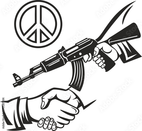 Peace Symbol and Assault Rifle Handshake – A Powerful Ceasefire Image Representing Conflict Resolution