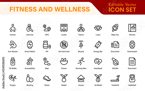 Set of fitness and wellness related line icons, wellbeing, mental health, healthcare, cosmetics, spa, medical. Outline icon collection.