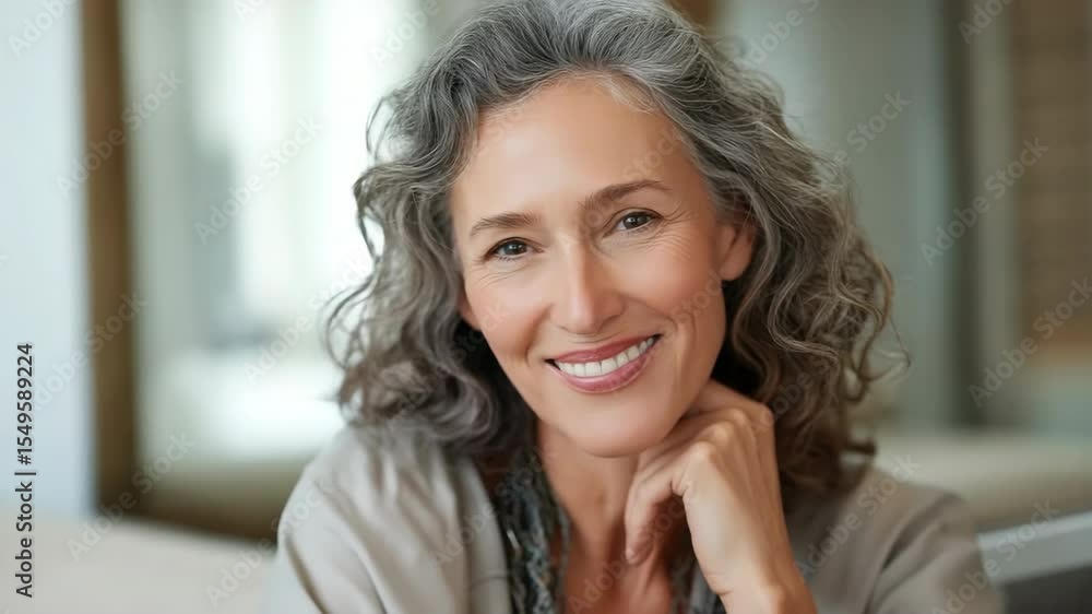 A woman with gray hair is smiling and posing for a picture. She is wearing a gray sweater and a scarf A woman with gray hair is smiling and posing for a picture. She is wearing a gray sweater and a scarf