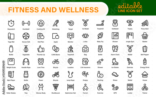 Set of fitness and wellness related line icons, wellbeing, mental health, healthcare, cosmetics, spa, medical. Outline icon collection.
