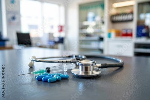 A photograph of a stainless steel stethoscope resting on a smooth, grey surface alongside a small pile of bright blue medical pills and a clear syringe