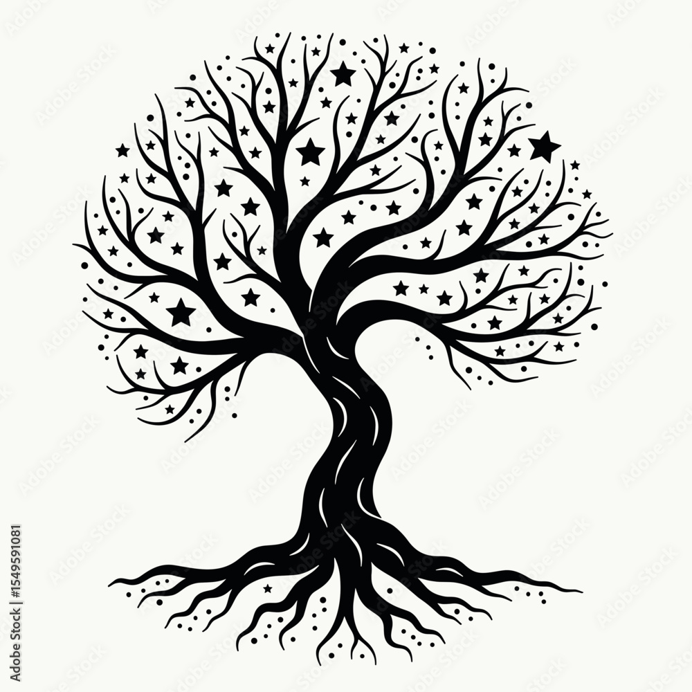 Obraz premium Stylized tree with stars and roots, symbolism of growth and connection