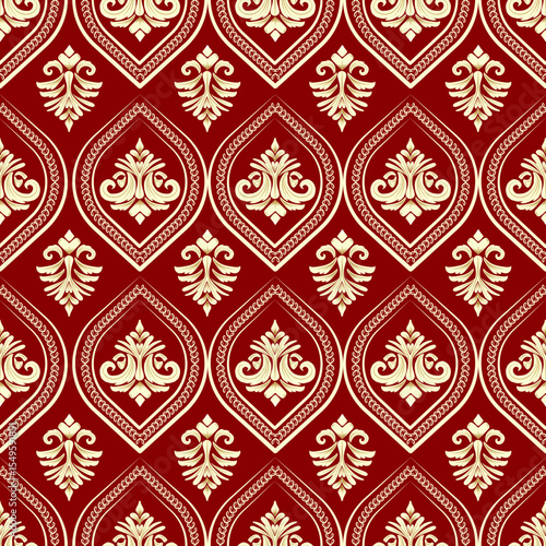 seamless damask pattern with golden abstract floral, red background, vector illustration elegant for textile, wall paper, curtains, cushion cover, rug, upholstery fabric, vintage and luxury design