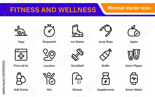 Set of fitness and wellness related line icons, wellbeing, mental health, healthcare, cosmetics, spa, medical. Outline icon collection.