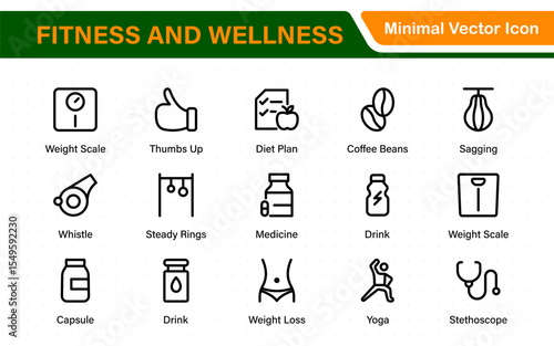 Set of fitness and wellness related line icons, wellbeing, mental health, healthcare, cosmetics, spa, medical. Outline icon collection.