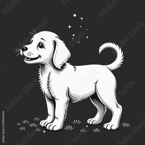 Cute white puppy standing on grass with stars, joy and innocence