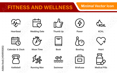 Set of fitness and wellness related line icons, wellbeing, mental health, healthcare, cosmetics, spa, medical. Outline icon collection.