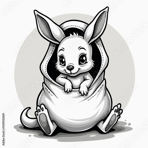 Cute cartoon kangaroo sitting in pouch, playful innocence