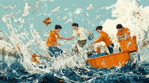 Wallpaper Mural Fishermen working together on a vibrant fishing boat surrounded by splashing waves and soaring seagulls, showcasing teamwork and the dynamic sea environment Torontodigital.ca