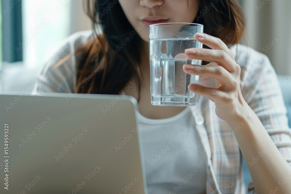 Premium Quality Picture of Crop Woman Drinking Water and Using Laptop Premium Quality Picture of Crop Woman Drinking Water and Using Laptop