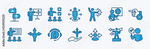 Set of guidance and direction icon sign. Contains choice arrow, guide, way, traffic, road, street, signpost, guidepost, advice, information, navigation, pathway, Instruction, coaching. Vector EPS 10