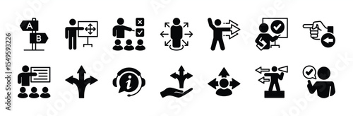 Set of guidance and direction icon vector sign. Contains choice arrow, advice, guide, way, traffic, road, street, signpost, guidepost, information, navigation, pathway, Instruction, coaching
