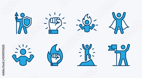 Set of courage icon vector. Contains power, bravery, passion, spirit, super, strength, strong, confidence, powerful, motivation, leadership, successful business achievement goal. Illustration
