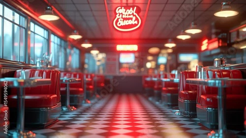 Atmospheric interior of a classic 1950s American diner with red neon lights and checkered floors; use for retro film backgrounds, vintage nostalgia, food, or restaurant-themed content.